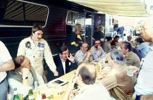 Maurice at the 1982 Swiss GP. Nigel Mansell talks to Nigel Roebuck, Murray Walker, John Blunsden, Innes Ireland and Maurice